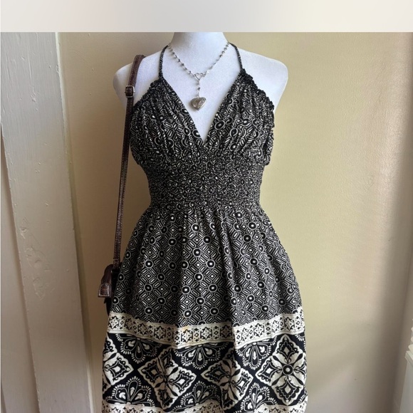 Lolita Tops - Lolita Black and Cream Patterned Midi Dress